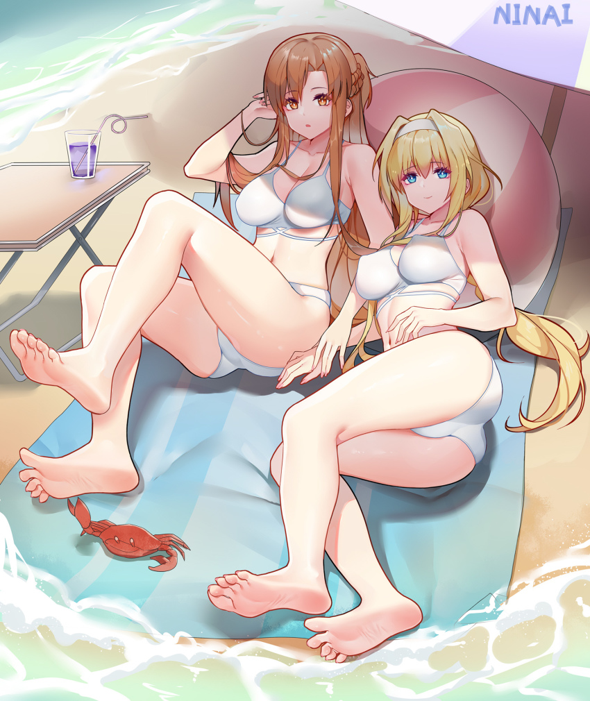 2girls alice_zuberg ass asuna_(sao) bare_arms bare_back bare_legs bare_shoulders barefoot bikini braid braided_ponytail breasts brown_eyes brown_hair crab day feet female_focus foreshortening full_body half_up_braid highres long_hair looking_at_viewer lying medium_breasts multiple_girls navel ninai no_shoes ocean outdoors soles spread_toes swimsuit sword_art_online sword_art_online:_alicization toes white_bikini yuri