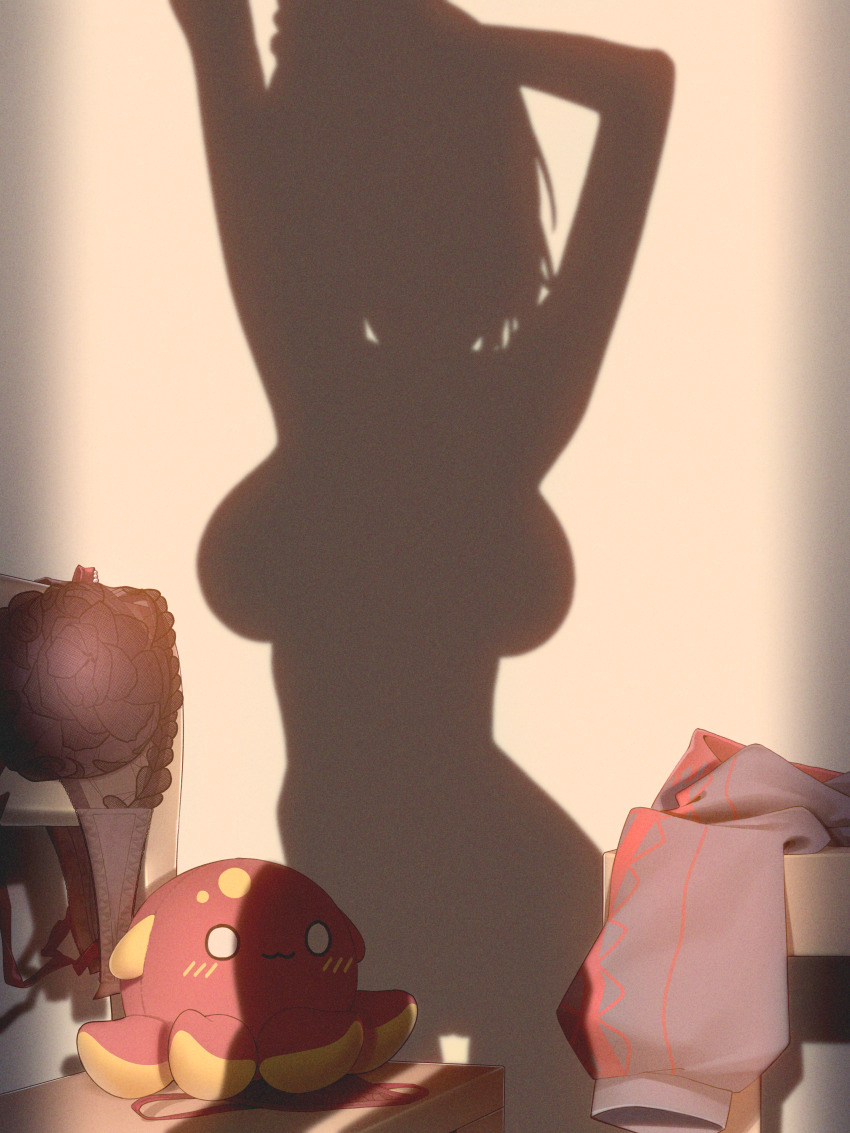 1girl :3 absurdres agnamore akane_lize arms_up black_bra blush bra breasts chair commentary grey_jacket highres implied_nudity jacket large_breasts medium_hair multicolored_jacket octopus pienna_(akane_lize) red_jacket shadow silhouette solid_circle_eyes solo stellive table thigh_gap two-tone_jacket underwear unworn_bra unworn_jacket virtual_youtuber
