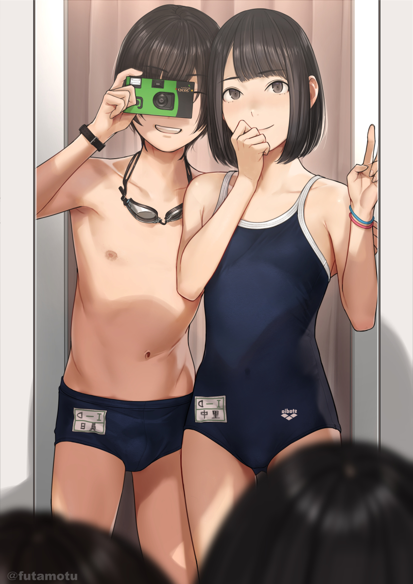 1boy 1girl absurdres arena_(company) artist_name blue_male_swimwear blue_one-piece_swimsuit blue_school_swimsuit brand_name_imitation brown_hair competition_school_swimsuit eyewear_around_neck futamotu goggles goggles_around_neck hetero highres light_smile male_school_swimsuit male_swimwear mirror mirror_selfie name_tag nipples one-piece_swimsuit original school_swimsuit selfie short_hair smile swim_briefs swim_goggles swimsuit taking_picture topless_male v