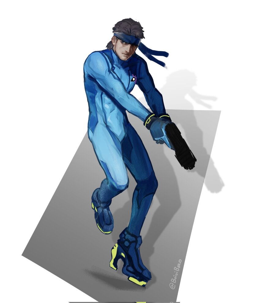 1boy artist_name bandana beard blue_bandana blue_bodysuit bodysuit boioibozo cosplay facial_hair full_body gun high_heels highres holding holding_gun holding_weapon male_focus metal_gear_(series) metal_gear_solid_2:_sons_of_liberty metroid nintendo samus_aran samus_aran_(cosplay) skin_tight solid_snake solo super_smash_bros. weapon zero_suit