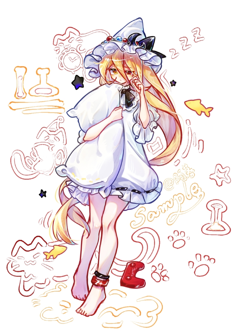 1girl animal_hands anklet bilibili_385617619 blonde_hair bow bowtie cat cat_paws chinese_commentary commentary_request doodle_inset facing_viewer hair_between_eyes hand_up hat heterochromia highres holding holding_pillow indie_virtual_youtuber jewelry kaofish long_bangs long_hair nightcap nightgown pillow red_eyes signature sleepy standing star_(symbol) very_long_hair yellow_eyes