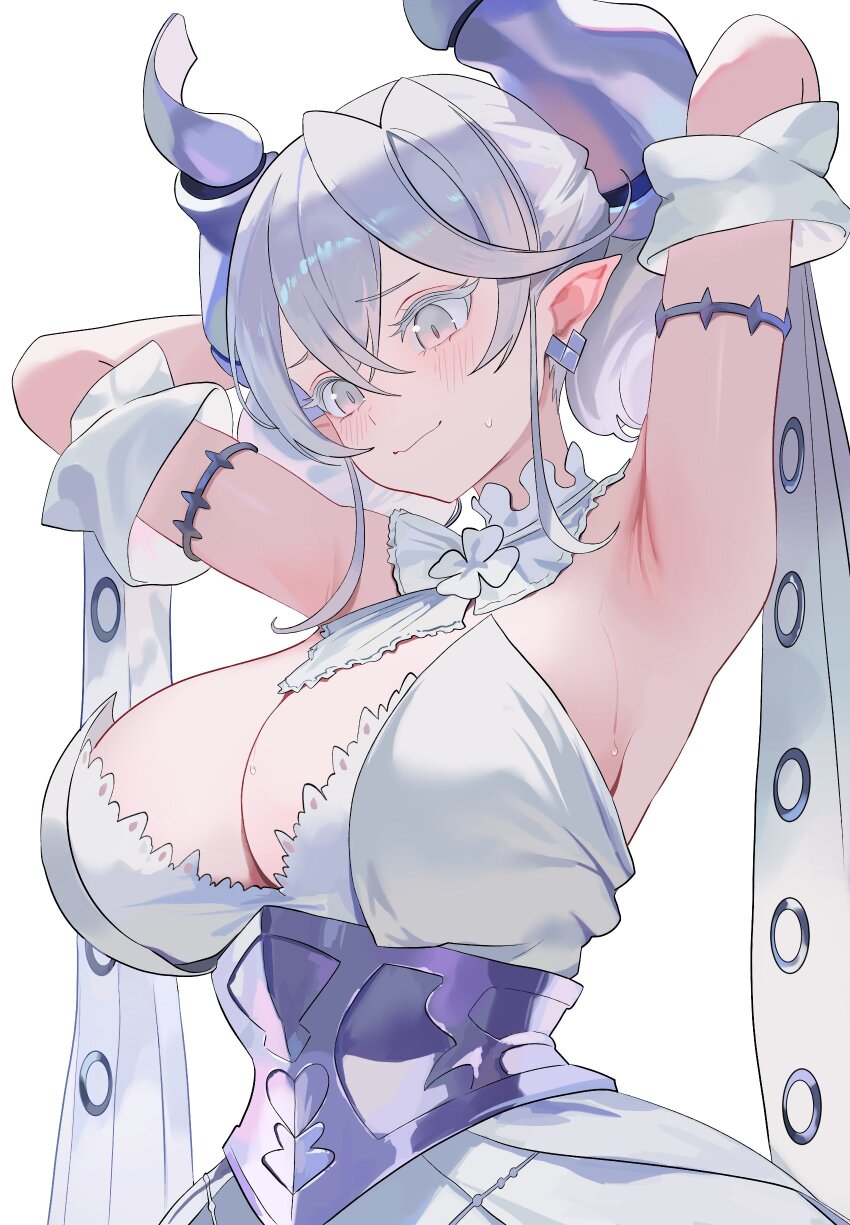 1girl absurdres armpits arms_up blush breasts cleavage demon_horns dress duel_monster grey_eyes highres horns large_breasts lovely_labrynth_of_the_silver_castle nbee_ya short_hair solo white_dress white_hair yu-gi-oh!