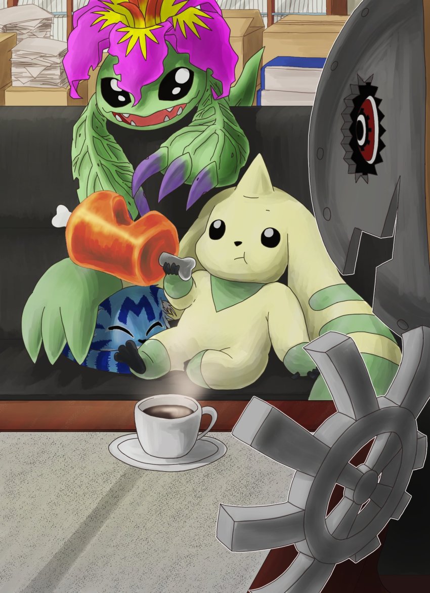 coffee cup digimon dog eating gear hagurumon highres horn mug palmon plant tail terriermon wanyamon