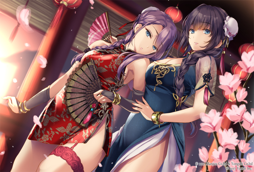 2girls alternate_costume alternate_hairstyle ankle_ribbon anklet azur_lane bangle bare_legs bare_shoulders black_legwear blue_dress blue_eyes blush bow bracelet braid breasts bridal_gauntlets brown_gloves bun_cover china_dress chinese_clothes cleavage cleavage_cutout closed_mouth clothing_cutout curacoa_(azur_lane) curacoa_(eastern_grace)_(azur_lane) curlew_(azur_lane) curlew_(rhythm_of_the_dragon_empery)_(azur_lane) double_bun dress flower folding_fan frilled_thigh_strap gloves gold gold_trim groin hair_between_eyes hair_bow hair_bun hair_flower hair_ornament hand_fan head_tilt holding holding_fan indoors jewelry large_breasts leg_ribbon long_hair monety multiple_girls official_art pelvic_curtain petals pink_flower purple_hair purple_ribbon red_dress ribbon side_braid sidelocks single_braid single_hair_bun skindentation smile standing sunset taut_clothes taut_dress thigh_strap thighs watermark