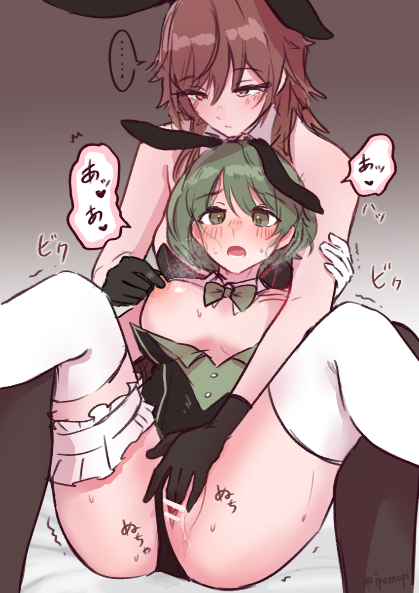 2girls aketa_mikoto animal_ear_hairband animal_ears bar_censor bare_arms black_gloves black_leotard blush breasts breasts_out breath brown_background brown_hair censored clothing_aside fake_animal_ears fingering gloves gradient_background green_eyes green_hair hairband highres idolmaster idolmaster_shiny_colors ipomopi large_breasts leotard leotard_aside long_hair multiple_girls nanakusa_nichika nipple_stimulation nipple_tweak nipples open_mouth playboy_bunny pussy pussy_juice rabbit_ears red_eyes spread_legs strapless strapless_leotard sweat thigh_strap thighhighs translation_request vaginal white_background white_gloves white_thighhighs yuri