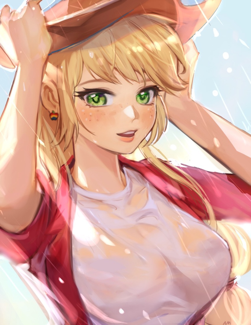 1girl :d adjusting_clothes adjusting_headwear applejack applejack_(equestria_girls) arms_up backlighting blue_sky breasts brown_hat chinese_commentary commentary_request cowboy_hat day earrings freckles green_eyes hat highres jacket jewelry kewoshixiaodaia large_breasts lips long_hair looking_to_the_side low-tied_long_hair my_little_pony my_little_pony:_equestria_girls my_little_pony:_friendship_is_magic open_clothes open_jacket open_mouth red_jacket see-through_clothes see-through_shirt shirt short-sleeved_jacket short_sleeves sky smile solo swept_bangs teeth upper_teeth_only wet wet_clothes wet_shirt white_shirt