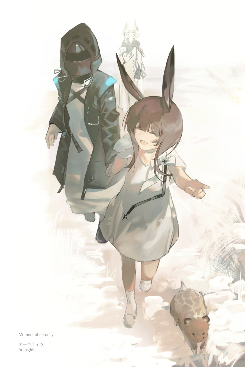 1other 2girls absurdres ambiguous_gender amiya_(arknights) amiya_(young)_(arknights) animal animal_ears arknights black_jacket brown_hair closed_eyes doctor_(arknights) dress hand_grab highres hood hooded_jacket jacket long_hair mask multiple_girls open_clothes open_jacket pointing rabbit_ears snow theresa_(arknights) white_dress yuishironeko