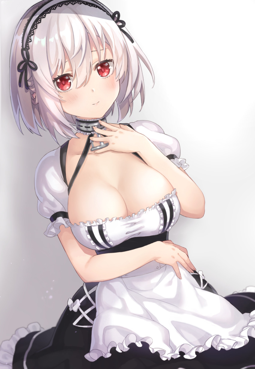 1girl anchor_choker apron arm_across_waist azur_lane bad_id bad_pixiv_id blush bow breasts choker cleavage closed_mouth collarbone commentary_request dress female_focus fingernails frilled_apron frilled_choker frilled_dress frills gradient_background grey_background hair_between_eyes hairband hand_on_own_chest highres kon_(k0n16) large_breasts looking_at_viewer maid puffy_short_sleeves puffy_sleeves red_eyes short_hair short_sleeves silver_hair sirius_(azur_lane) smile solo tareme white_background white_bow