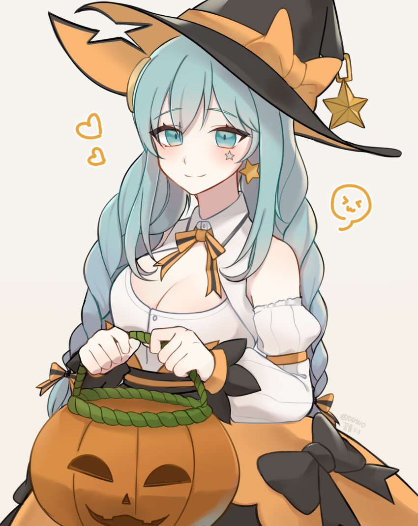 &gt;_&lt; 1girl black_survival blouse blue_eyes blue_hair braid breasts cleavage dd1no earrings emma_hardy eternal_return:_black_survival hat highres jack-o&#039;-lantern jewelry looking_at_viewer medium_breasts official_alternate_costume shirt smile solo tagme twin_braids twintails white_shirt witch_hat