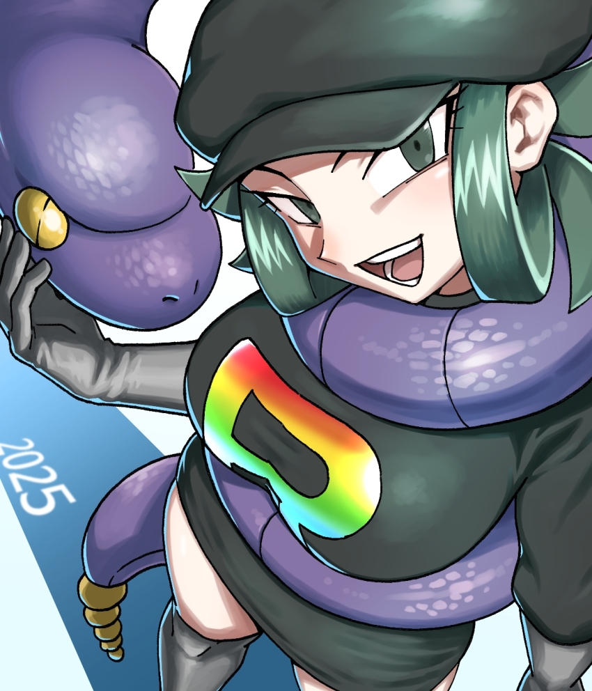 1girl 2025 :d black_hat boots breasts commentary ekans eyelashes gen_1_pokemon green_eyes green_hair grey_footwear hat head_tilt highres knees logo nintendo nutkingcall open_mouth pokemon pokemon_(creature) pokemon_usum smile snake team_rainbow_rocket team_rainbow_rocket_grunt team_rainbow_rocket_uniform teeth thigh_boots tongue