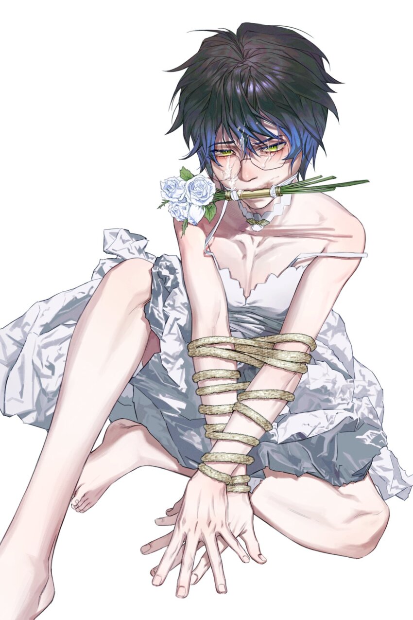 1boy barefoot blue_hair bound bound_arms choker crossdressing cum cum_on_body dress facial flower full_body gag green_eyes green_hair hair_between_eyes highres ike_eveland improvised_gag lipstick looking_at_viewer makeup male_focus multicolored_hair nijisanji nijisanji_en pectoral_cleavage pectorals rimbaud152 rope simple_background sitting smeared_lipstick solo strap_slip virtual_youtuber white_background white_choker white_dress white_flower