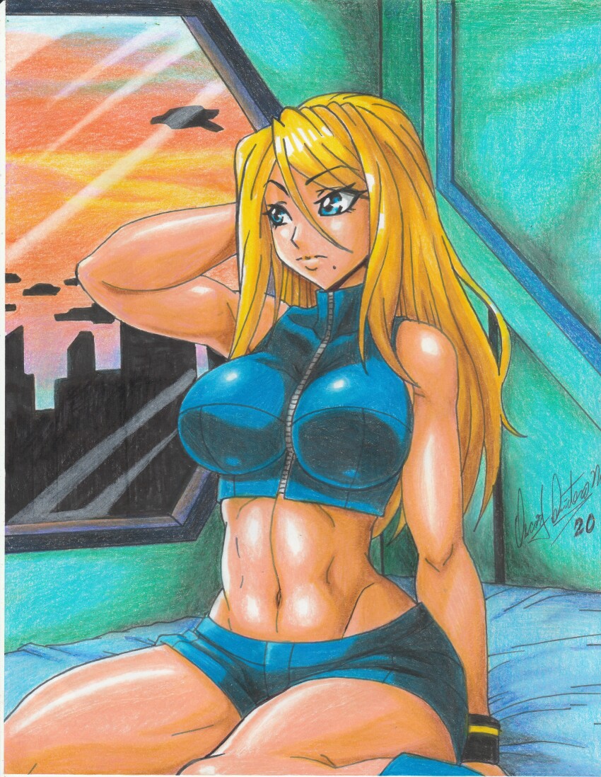 1girl 2020 absurdres arm_up artist_name bare_shoulders blonde_hair blue_boots blue_eyes blue_shorts boots breasts building crop_top female_focus hair_between_eyes hand_on_own_head highres impossible_clothes indoors large_breasts long_bangs long_hair looking_to_the_side metroid midriff mole mole_under_mouth navel nintendo ravernclouk_design samus_aran bed_sheet short_shorts shorts sleeveless solo sunset thighs traditional_media turtleneck turtleneck_crop_top window wristband