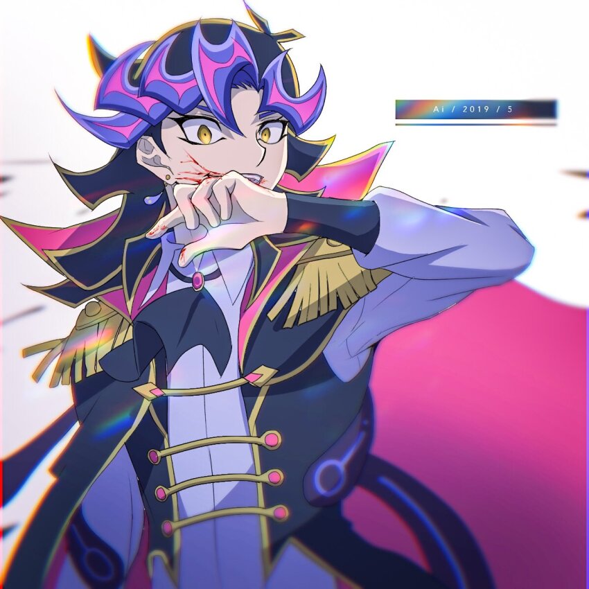 1boy ai_(yu-gi-oh!) alternate_form arm_at_side arm_up ascot atltax_00 black_ascot black_hair black_jacket black_sleeve_cuffs blood blood_from_mouth blood_on_face cape colored_bangs commentary dappled_sunlight dated dress_shirt epaulettes facing_to_the_side highres humanoid_robot jacket light_particles looking_at_viewer male_focus military_jacket open_clothes open_jacket open_mouth pink_cape popped_collar purple_shirt robot shirt sunlight tentacles tentacles_on_male white_background wiping_blood wiping_face wiping_mouth yellow_eyes yu-gi-oh! yu-gi-oh!_vrains