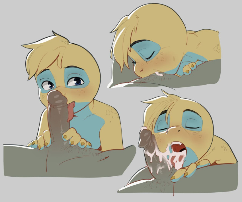 2boys after_fellatio apis blonde_hair blue_eyes closed_eyes cum cum_in_mouth cumdrip deepthroat dunsparce fangs fellatio freckles furry gen_2_pokemon licking licking_penis male_focus monster_boy multiple_boys nintendo oral penis pokemon pokemon_(creature) shota solo_focus tongue tongue_out yaoi