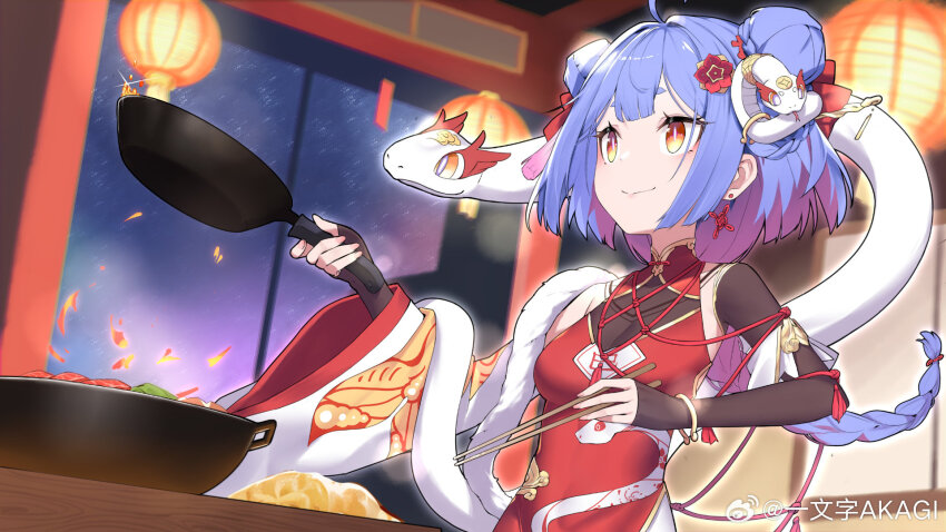 1girl azusa_(vtuber) virtuareal_link blue_hair china_dress chinese_clothes chopsticks cooking double_bun dress flipping_food flower food hair_bun hair_flower hair_ornament highres holding holding_chopsticks kitchen lantern nijisanji paper_lantern red_dress red_flower snake solo virtual_youtuber virtuareal watermark weibo_username weibo_watermark white_snake window wok yiwenzi_akagi