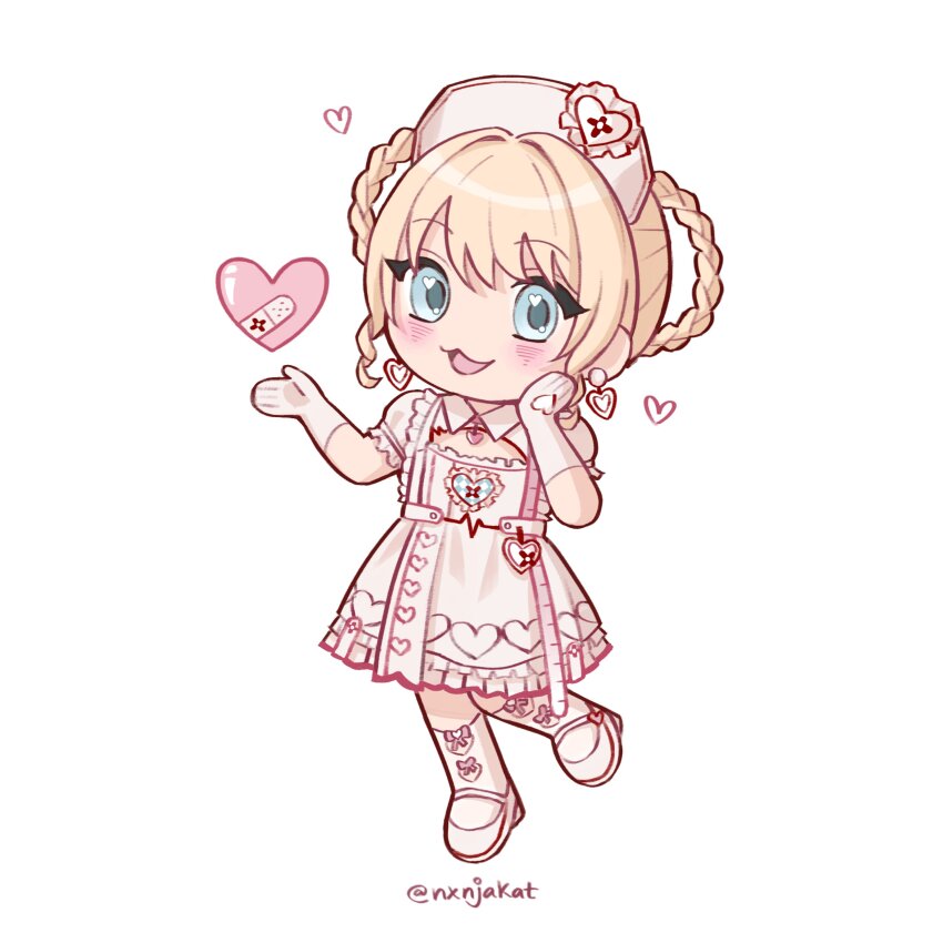 1girl absurdres bandaid belt blonde_hair blue_eyes bow bow_legwear braid braided_hair_rings cardiogram cardiogram_print chibi cleavage_cutout clothing_cutout collared_dress commentary dress earrings english_commentary eyelashes frilled_dress frilled_sleeves frills gloves hair_rings hand_on_own_cheek hand_on_own_face hat hat_ornament heart heart_cutout heart_earrings heart_hat_ornament heart_in_eye heart_print high_heels highres infinity_nikki jewelry kneehighs leg_cutout light_blush medium_dress nikki_(series) nurse nurse_cap nxnjakat object_floating_above_hand open_mouth pink_bow puffy_short_sleeves puffy_sleeves pumps shoes short_hair short_sleeves simple_background smile socks solo standing sweet_diagnosis_(infinity_nikki) swept_bangs symbol_in_eye twitter_username white_background white_belt white_dress white_gloves white_hat white_shoes white_socks