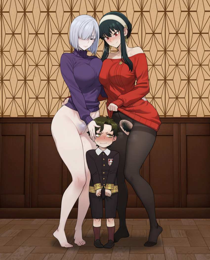 1boy 2girls age_difference black_hair breasts cleavage cthulhuchan damian_desmond fiona_frost large_breasts multiple_girls shota spy_x_family yor_briar
