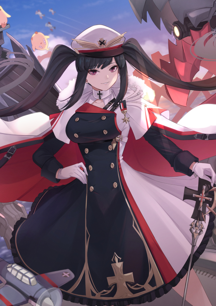 1girl aircraft azur_lane black_dress blue_sky breasts buttons capelet daweykun double-breasted dress floating_cape gloves hand_on_own_hip hat highres large_breasts long_hair long_sleeves looking_at_viewer manjuu_(azur_lane) multicolored_dress peaked_cap peter_strasser_(azur_lane) purple_eyes red_dress sky solo twintails vehicle_request very_long_hair white_capelet white_dress white_gloves