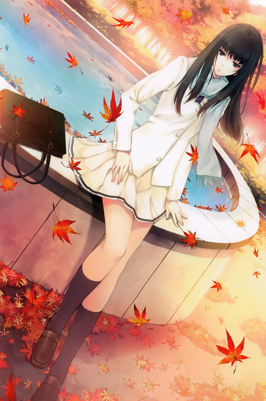 1girl absurdres autumn autumn_leaves bag black_hair blazer blue_eyes blue_scarf buttons falling_leaves highres innocent_grey jacket kara_no_shoujo kneehighs kuchiki_touko leaf long_hair looking_at_viewer maple_leaf official_art outdoors park pleated_skirt scan scarf school_bag school_uniform skirt socks solo sugina_miki tree water