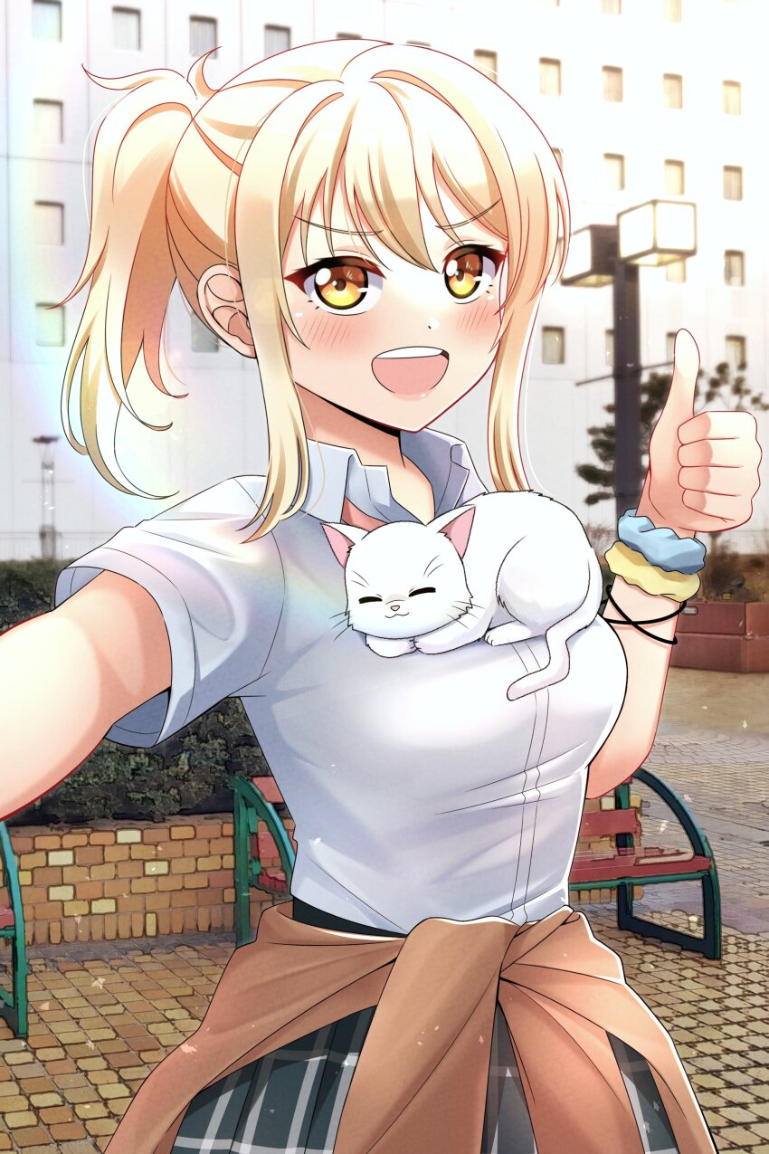 1girl :3 :d absurdres blonde_hair blue_shirt blue_skirt breasts brown_cardigan cardigan cardigan_around_waist cat cat_on_chest closed_mouth clothes_around_waist collared_shirt commentary dress_shirt hair_intakes hanpen_(love_live!) highres looking_at_viewer love_live! love_live!_nijigasaki_high_school_idol_club medium_breasts medium_hair miniskirt miyashita_ai neck_ribbon nijigasaki_school_uniform open_mouth orange_eyes outdoors photo_background pink_ribbon plaid_clothes plaid_skirt pleated_skirt ponytail ribbon school_uniform selfie shirt sidelocks ska.harumi skirt smile summer_uniform teeth thumbs_up upper_body upper_teeth_only white_cat