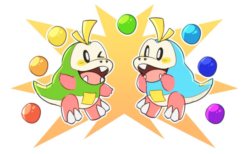 alternate_color blush_stickers bubble_bobble fang fuecoco highres nintendo no_humans open_mouth pokemon s3aparty smile