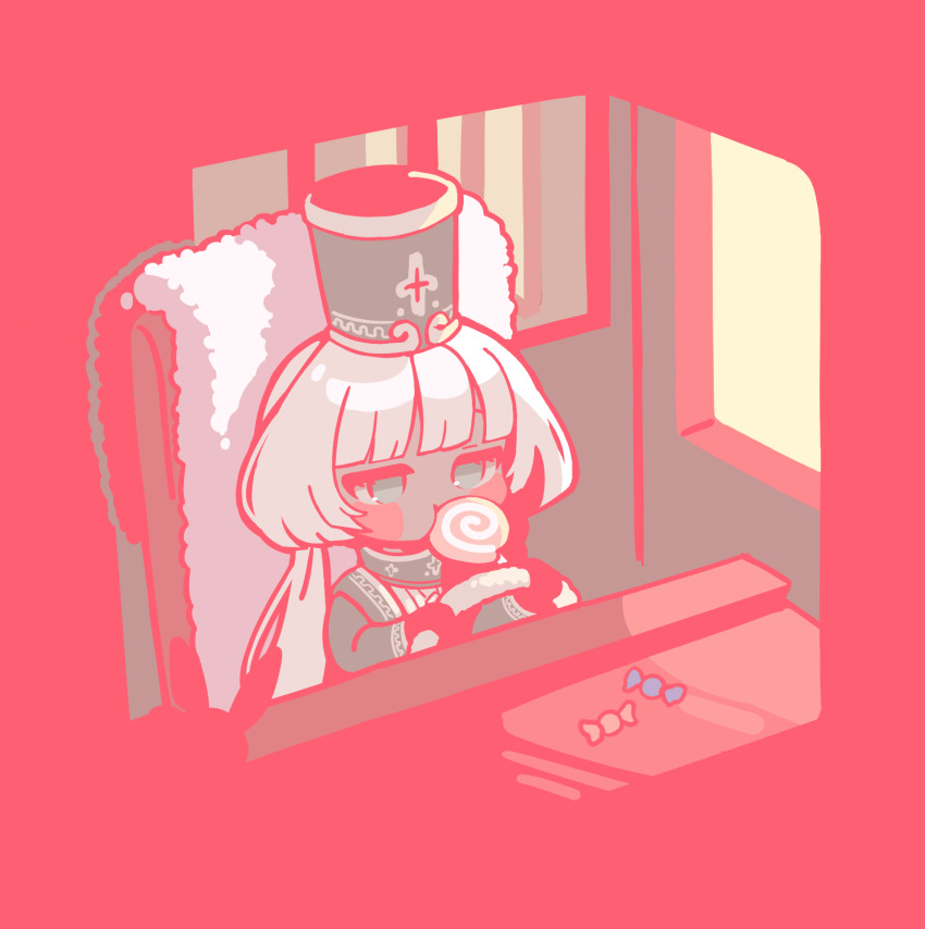 1girl black_gloves blush bus_interior charon_(project_moon) colored_skin dress gloves grey_dress grey_eyes grey_hat grey_skin hands_up hat highres hoshizuki_sakusa limbus_company low_twintails mephistopheles_(project_moon) pink_theme project_moon shako_cap solo twintails