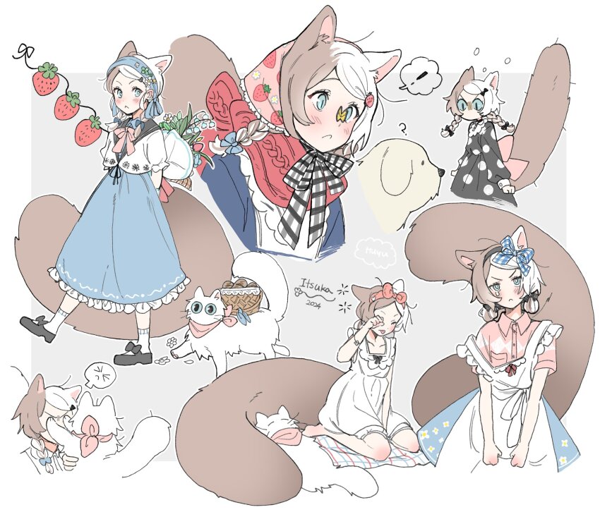 &gt;_&lt; 1girl :&lt; ? angry animal_ears apron arms_behind_back black_dress black_footwear black_sailor_collar blanket blue_bow blue_eyes blue_hairband blue_skirt blush bouquet bow bowtie brown_hair bug butterfly butterfly_on_nose cat cat_ears cat_girl cat_tail clenched_hands closed_eyes commentary cowboy_shot cropped_torso dated dog dot_nose dress english_commentary flower food food-themed_hair_ornament food_print fruit fruit_print full_body grey_background hair_ornament hairband headscarf high-waist_skirt highres insect multicolored_hair multiple_views o_o original pink_bow pink_bowtie pink_headscarf pink_shirt plaid_bow plaid_ribbon polka_dot red_scarf ribbon rubbing_eyes sailor_collar scarf shirt short_sleeves simple_background skirt sleeping socks speech_bubble split-color_hair strawberry strawberry_hair_ornament strawberry_print surprised tail tongue tongue_out wed_(lim38869577) white_apron white_background white_cat white_dress white_hair white_shirt white_socks