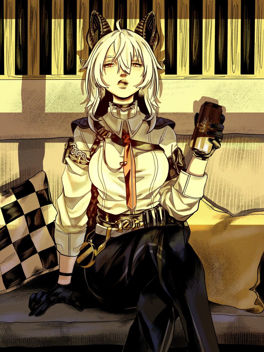 1girl absurdres arm_pouch armband black_armband black_choker black_gloves black_horns black_jacket black_pants black_pouch breasts can chest_harness choker closed_mouth collared_shirt commentary couch crossed_legs curled_horns drink_can earrings english_commentary feet_out_of_frame gloves hair_between_eyes harness high-waist_pants highres holding holding_can horns jacket jacket_on_shoulders jewelry key_earrings large_breasts long_hair looking_at_viewer mole mole_under_eye necktie on_couch pants red_eyes red_necktie shirt shirt_tucked_in sitting slow0_0poke solo white_hair white_shirt wuthering_waves zani_(wuthering_waves)
