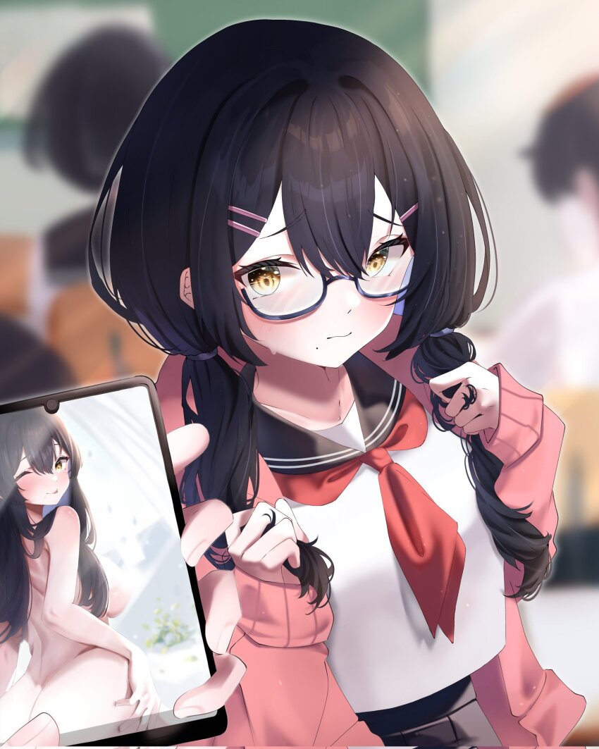 1girl black_hair black_sailor_collar blurry blurry_background cardigan cellphone cellphone_photo closed_mouth commentary double-parted_bangs english_commentary glasses grabbing_own_hair hair_between_eyes hair_ornament hairclip highres holding holding_own_hair holding_phone ibispaint_(medium) long_hair long_sleeves looking_at_viewer mole mole_under_mouth neckerchief original parallel_hairclips phone pink_cardigan pov pov_hands red_neckerchief riria_mona1 sailor_collar semi-rimless_eyewear shirt sidelocks smartphone solo_focus under-rim_eyewear upper_body white_shirt yellow_eyes