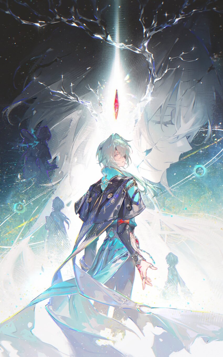 1boy anaxa_(honkai:_star_rail) aqua_hair back black_pants cowboy_shot eyepatch highres honkai:_star_rail honkai_(series) looking_at_viewer male_focus multiple_views one_eye_covered pants renjian_shilian solo