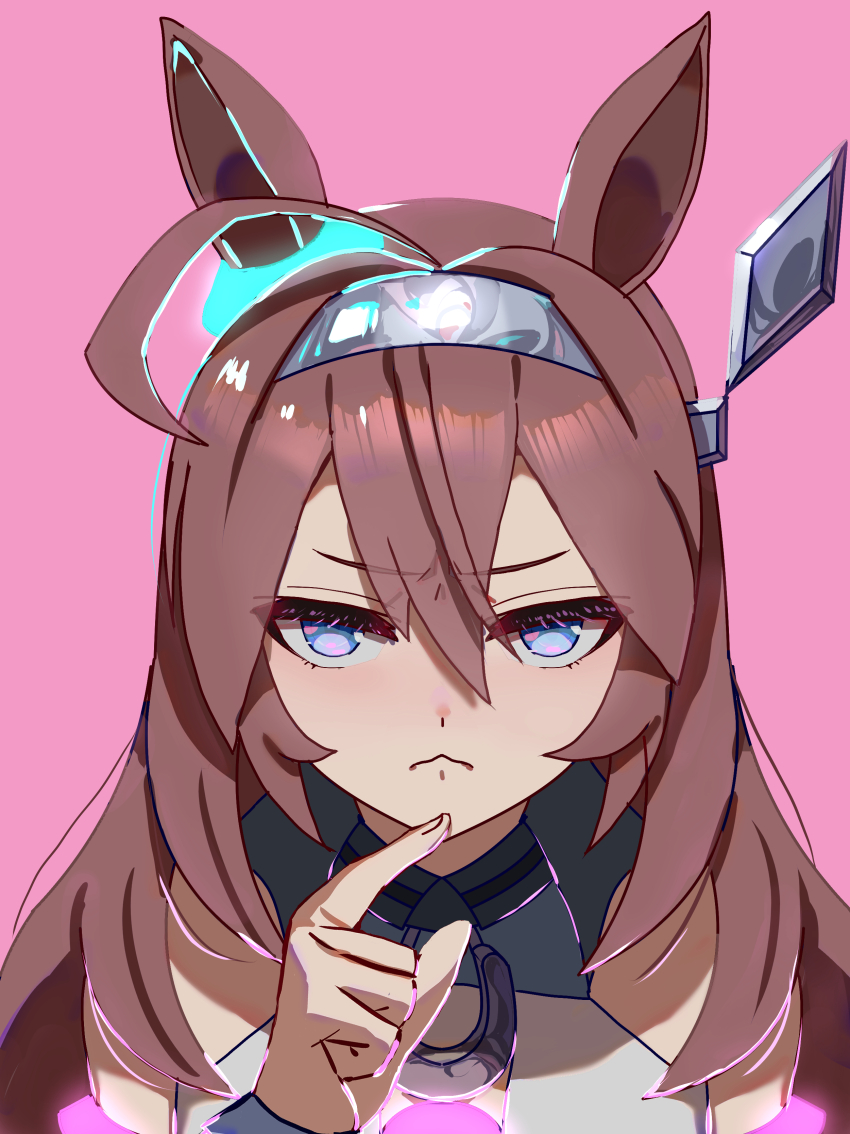 1girl absurdres ahoge animal_ears bare_shoulders brown_hair commentary_request ear_ornament furrowed_brow grey_background hair_ornament hairclip highres horse_ears horse_girl long_hair mihono_bourbon_(umamusume) necktie no_uwazumi pink_background pink_necktie silver_hairband simple_background solo umamusume upper_body very_long_hair