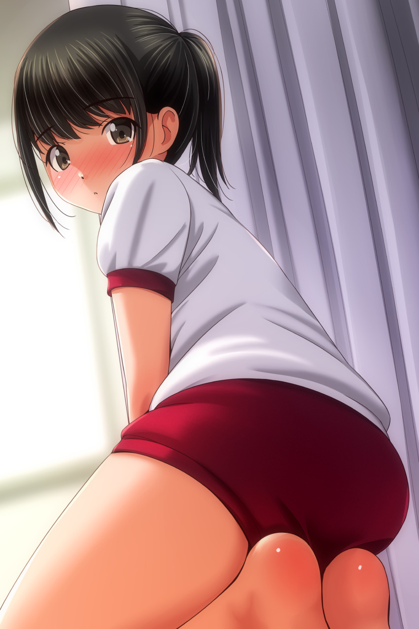 1girl absurdres ass barefoot black_hair blush brown_eyes buruma commentary_request curtains from_behind gym_uniform highres long_hair looking_at_viewer looking_back matsunaga_kouyou open_mouth original ponytail red_buruma shirt short_sleeves sitting solo white_shirt window