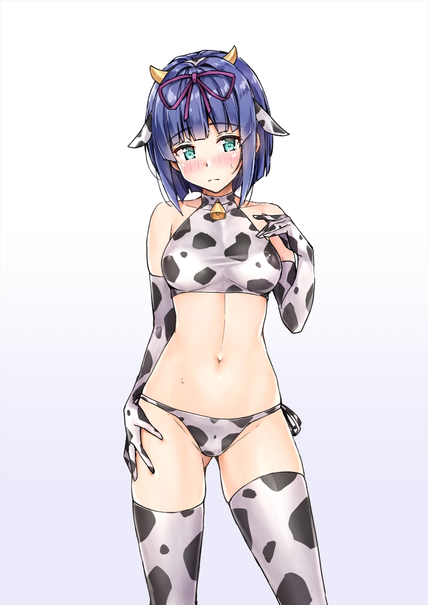 1girl animal_costume animal_ears animal_print bare_shoulders bell bikini blush breasts collar cow_costume cow_ears cow_girl cow_horns cow_print cowbell elbow_gloves gloves gluteal_fold highres horns izumi_hina_(neet_kunoichi) koyuki_(kotatsu358) large_breasts looking_at_viewer navel neet_de_otaku_na_kunoichi_to_naze_ka_dousei_hajimemashita print_thighhighs short_hair solo swimsuit thighhighs