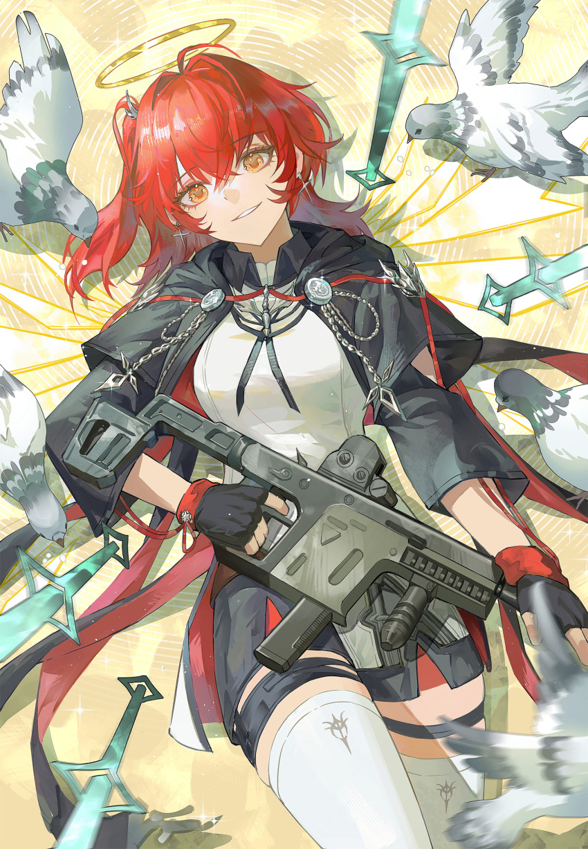 1girl animal arknights bird black_gloves commentary cowboy_shot cross cross_earrings crossed_bangs earrings exusiai_(arknights) exusiai_the_new_covenant_(arknights) finger_on_trigger fingerless_gloves glint gloves grey_bird grin gun hair_between_eyes halo highres holding holding_gun holding_weapon jewelry kriss_vector latin_cross looking_at_viewer lying medium_hair on_back one_side_up red_hair shirt smile solo sparkle submachine_gun symbol-only_commentary thigh_strap thighhighs traditional_halo weapon white_bird white_shirt white_thighhighs yellow_eyes yellow_halo yinhepongpong