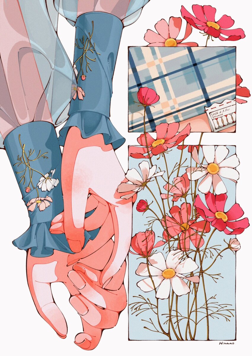 1girl blue_shirt bud commentary_request daisy_(flower) fabric fingernails floral_print flower frilled_sleeves frills hand_focus highres long_sleeves original own_hands_together pink_flower puffy_long_sleeves puffy_sleeves see-through_clothes see-through_sleeves shirt signature simple_background solo trym_hinano white_background white_flower