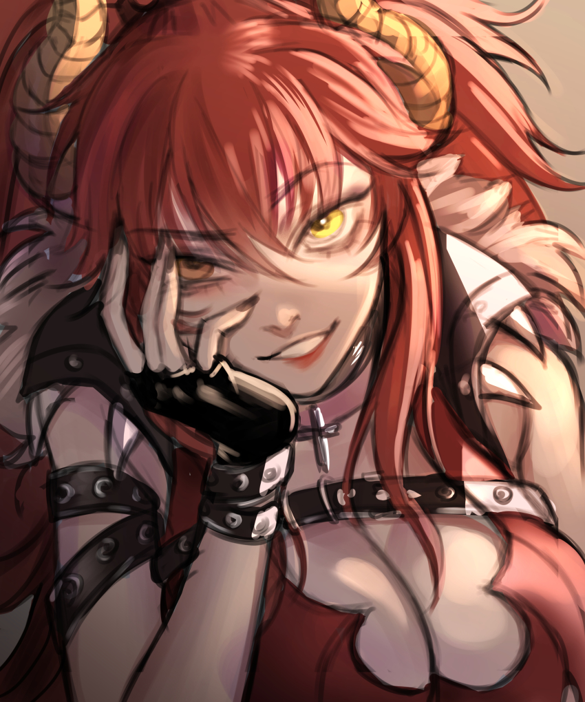 1girl absurdres black_gloves black_vest breast_strap breasts brown_eyes cleavage collar commentary dragon_girl dragon_horns english_commentary fingerless_gloves fur_trim gloves hand_on_own_face head_tilt highres horns large_breasts leaning_forward lithia_vey looking_at_viewer nail_polish parted_lips red_hair shaded_face smile solo unfinished vest virtual_youtuber vshojo yellow_eyes zentreya zentreya_(dragon) zentreya_(dragon)_(1st_costume)