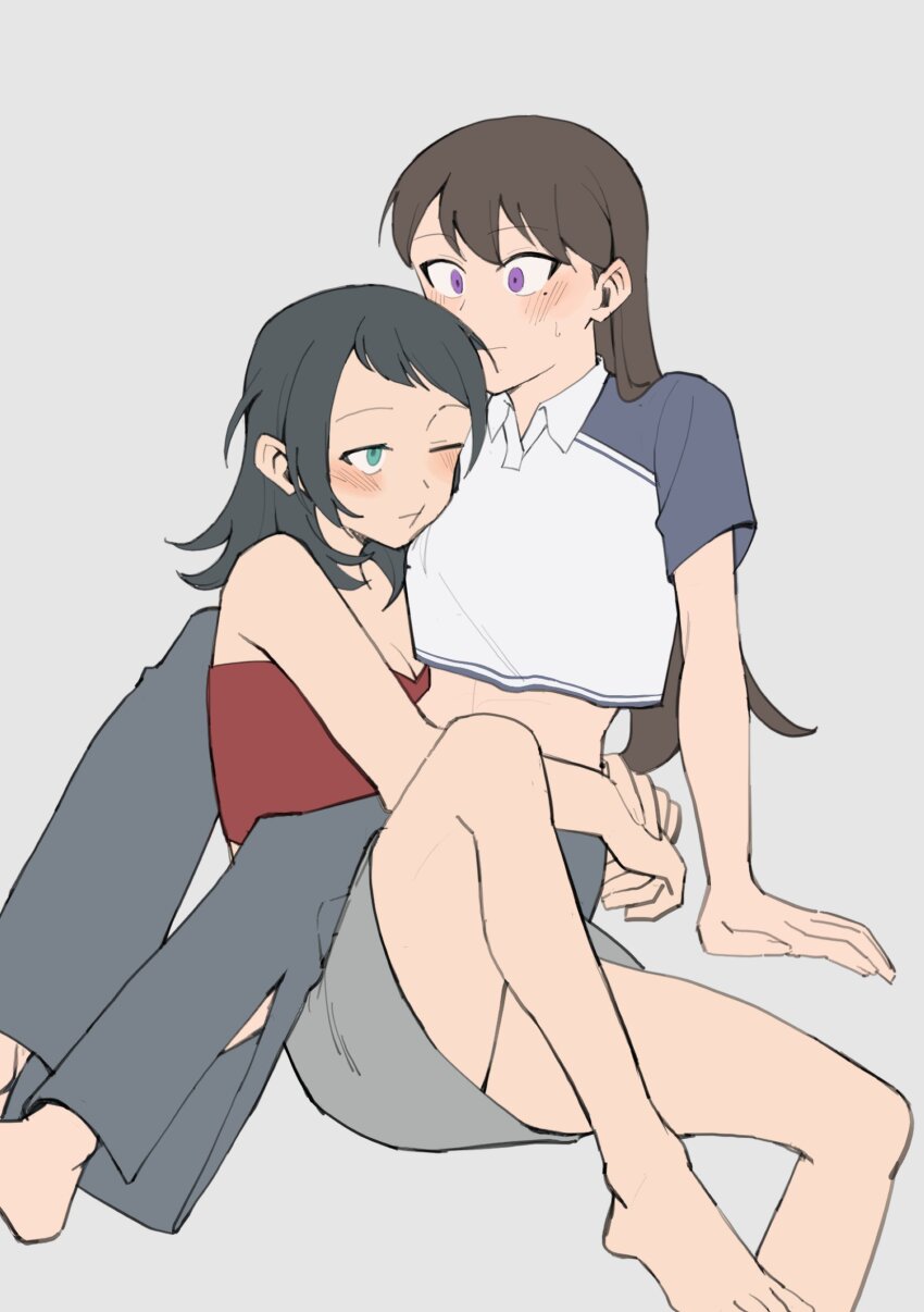 2girls absurdres bang_dream! bang_dream!_it&#039;s_mygo!!!!! barefoot black_hair blue_eyes blue_pants breasts brown_hair camisole cleavage commentary crop_top grey_background grey_skirt hashtag-only_commentary highres hug long_hair medium_hair midriff mole mole_under_eye multiple_girls pants purple_eyes r_bishh red_camisole shiina_taki shirt simple_background skirt white_shirt yahata_umiri yuri