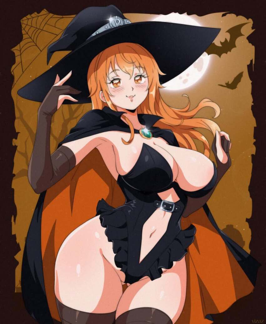 1girl armpits artist_name bat_(animal) belt_buckle black_border black_cape black_hat black_leotard blue_gemstone blush border breasts brown_gloves brown_thighhighs buckle cape cleavage clothing_cutout commentary cowboy_shot elbow_gloves full_moon gem glint gloves gluteal_fold halloween halloween_costume hands_up hat highleg highleg_leotard highres large_breasts leotard lips long_hair looking_at_viewer midriff_peek moon nami_(one_piece) narrow_waist navel navel_cutout one_piece orange_cape orange_eyes orange_hair outside_border parted_lips partially_fingerless_gloves pink_lips sidelocks silk solo spider_web stomach_cutout strapless strapless_leotard thigh_gap thighhighs two-sided_cape two-sided_fabric vizaz wavy_hair wide_hips witch witch_hat
