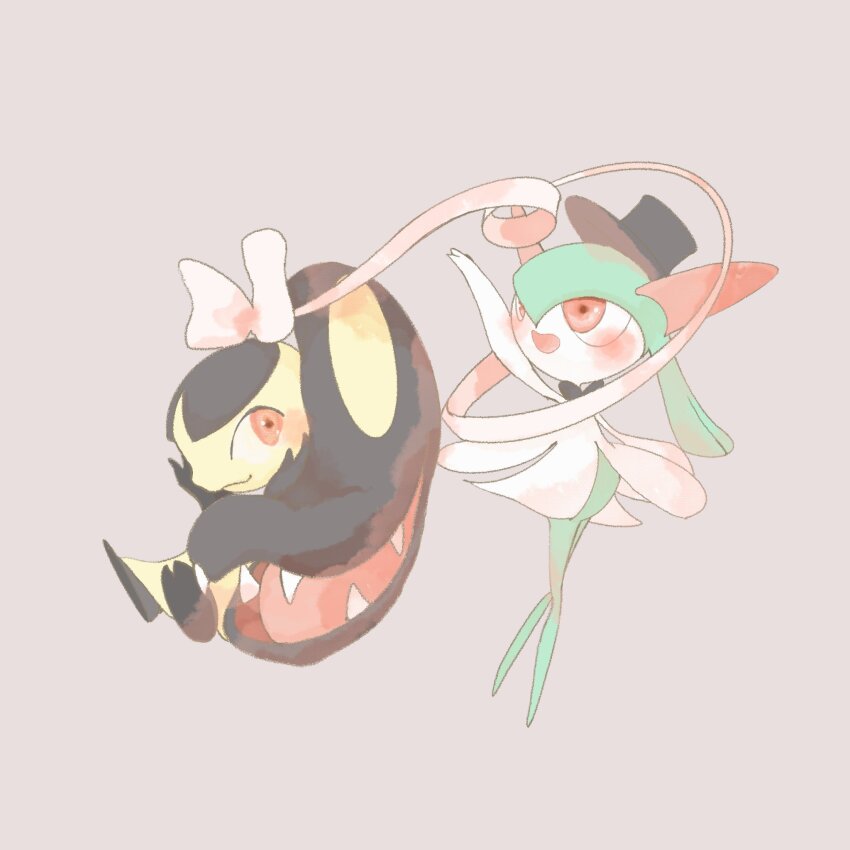 black_bow black_hat blush bow bowtie colored_skin extra_mouth fangs gen_3_pokemon green_hair green_skin hat highres horns kirlia mawile multicolored_skin mxlaghrsuk33yws nintendo no_feet open_mouth pink_bow pink_ribbon pokemon pokemon_(creature) ribbon sidelocks simple_background two-tone_skin white_skin yellow_skin