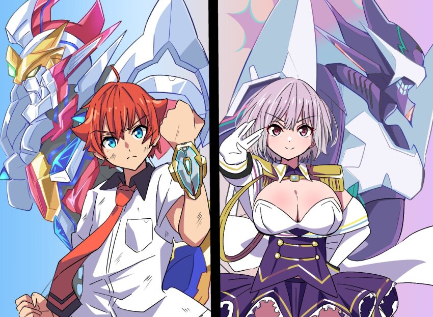 1boy 1girl alexis_kerib blue_eyes breasts cleavage freedom_xdrive gridman_(ssss) gridman_universe hibiki_yuuta large_breasts mecha necktie purple_eyes purple_hair purple_skirt red_hair red_necktie robot shinjou_akane shirt skirt ssss.gridman upper_body white_shirt