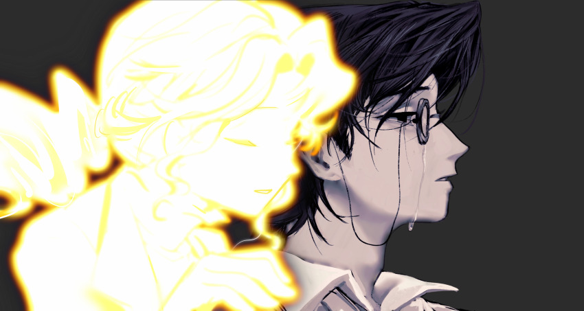 1boy 1girl absurdres alice_deross beijingban18388 black_background black_eyes black_hair chinese_commentary closed_eyes collared_shirt commentary_request crying crying_with_eyes_open curtained_hair empty_eyes highres identity_v monocle orpheus_(identity_v) parted_bangs ponytail shirt short_hair simple_background smile tears wavy_hair white_shirt