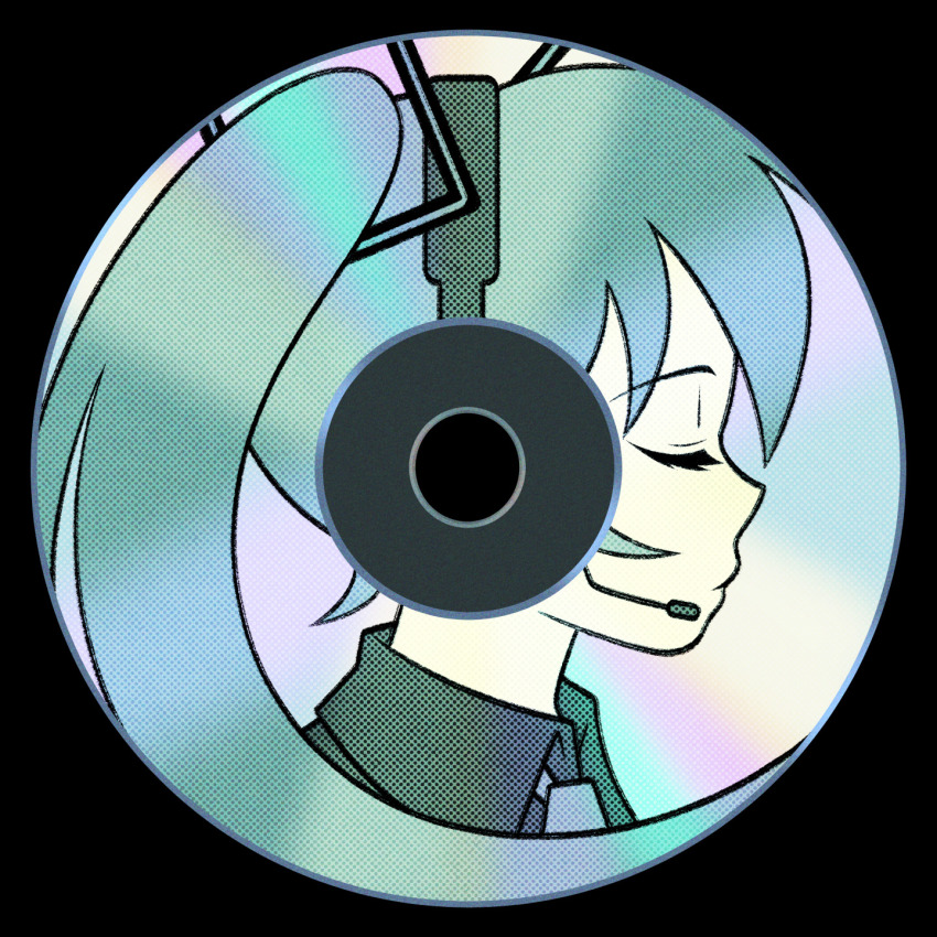 1girl black_background cd closed_eyes collared_shirt commentary cryptidhermit english_commentary grey_shirt hatsune_miku headphones highres necktie pale_skin shirt simple_background solo twintails upper_body vocaloid
