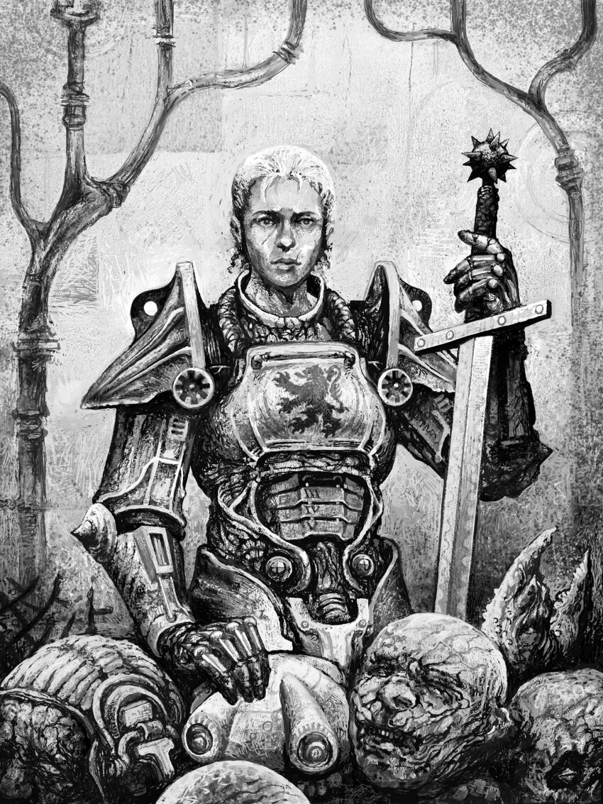 1girl armor conmobr decapitation fallout fallout_3 greyscale highres holding holding_sword holding_weapon monochrome power_armor power_armor_(fallout) sarah_lyons scar scar_on_face short_hair solo sword weapon