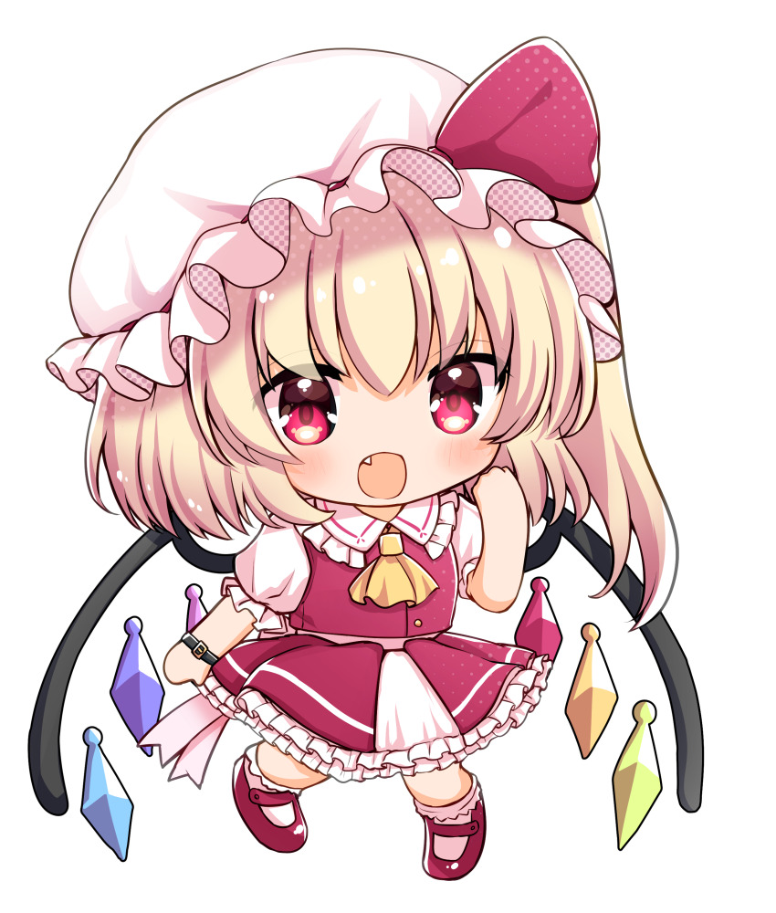 1girl absurdres ascot blonde_hair blush crystal detached_collar fang flandre_scarlet frilled_shirt_collar frilled_skirt frills full_body hat highres long_hair mob_cap one_side_up open_mouth petticoat rapameri red_eyes red_shoes red_skirt red_vest shoes simple_background skirt socks solo touhou vest white_background white_hat white_socks wings yellow_ascot