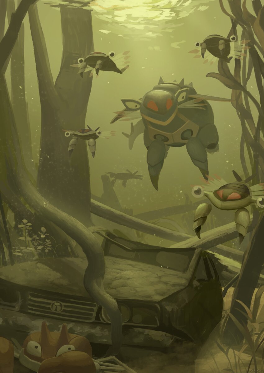 absurdres anorith armaldo black_eyes car claws commentary_request evolutionary_line gen_1_pokemon gen_3_pokemon highres king_joe_(neoroto) krabby looking_to_the_side motor_vehicle nintendo no_humans pokemon pokemon_(creature) silhouette underwater