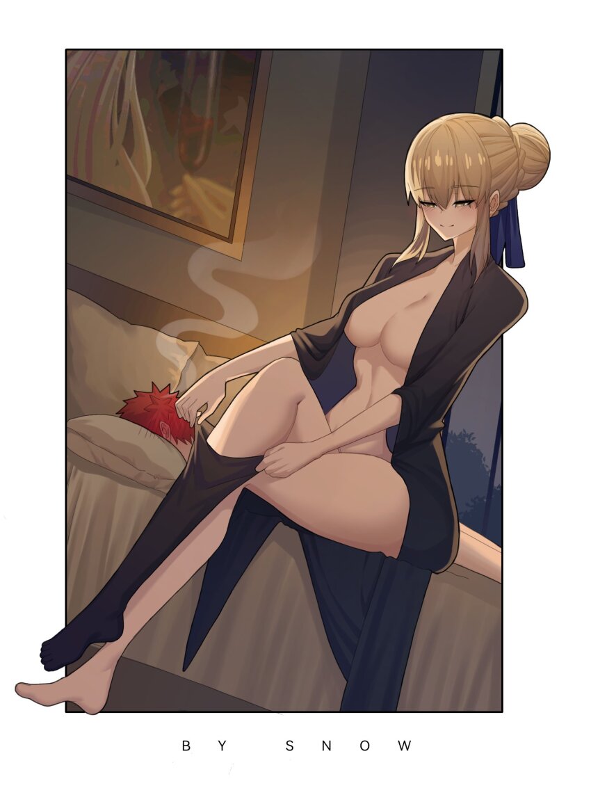 1boy 1girl artist_name artoria_pendragon_(fate) bed blonde_hair emiya_shirou fate/stay_night fate_(series) highres on_bed pantyhose red_hair saber_alter signature suhyeon unworn_clothes