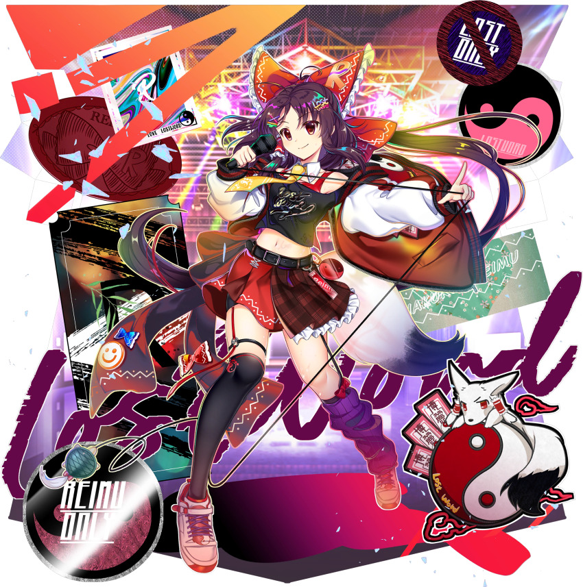 1girl alternate_costume animalization ascot asymmetrical_legwear bare_shoulders belt black_belt black_shirt black_thighhighs bow brown_hair closed_mouth clothes_writing crop_top fox fox_tail frilled_bow frilled_hair_tubes frills full_body game_cg garter_straps hair_bow hair_ornament hair_tubes hairclip hakurei_reimu hakurei_reimu_(fox) hakurei_reimu_(lostwordlive2024) highres holding holding_microphone jacket leg_warmers long_hair long_sleeves looking_at_viewer microphone midriff miniskirt mismatched_legwear navel necktie official_art open_clothes open_jacket orb person_and_animalization plaid_clothes plaid_skirt ponytail red_bow red_eyes red_skirt rotte_(1109) shirt shoes sidelocks single_hair_tube single_thighhigh skirt smile smile_emoji sneakers socks solo star_(symbol) tail thighhighs third-party_source touhou touhou_lostword transparent_background uneven_legwear white_background white_shoes x_hair_ornament yellow_necktie yin_yang yin_yang_orb