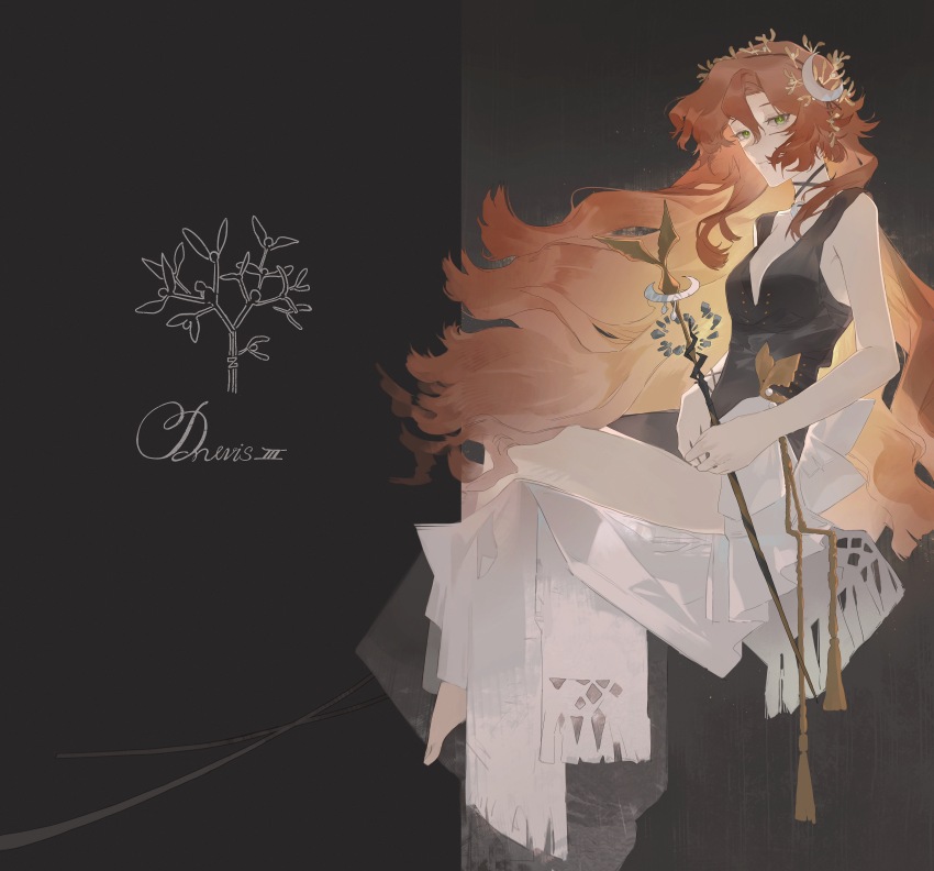 1girl absurdres bare_legs black_background black_dress character_name crescent crescent_hair_ornament dress druvis_iii full_body green_eyes hair_ornament highres holding holding_staff invisible_chair leaf_hair_ornament long_dress long_hair looking_at_viewer orange_hair reverse:1999 side_slit sitting sleeveless sleeveless_dress solo staff tripleefish v-neck very_long_hair