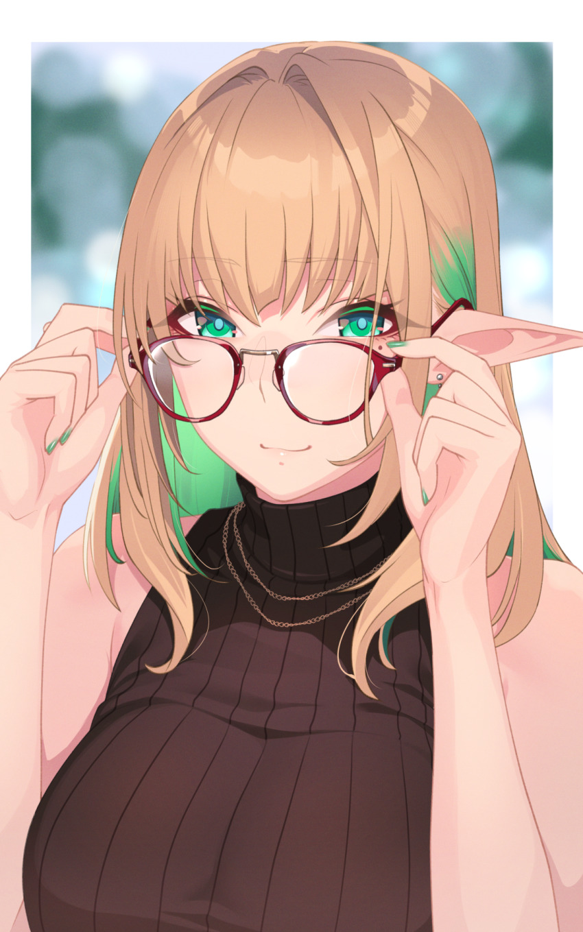 1girl adjusting_eyewear bare_arms bare_shoulders black_sweater blonde_hair blurry blurry_background breasts commentary_request earrings eyes_visible_through_hair glasses green_eyes green_hair green_nails hand_on_eyewear highres hikichi_sakuya jewelry large_breasts long_hair mole mole_under_eye multicolored_hair nail_polish necklace original pointy_ears portrait red-framed_eyewear ribbed_sweater smile solo sweater turtleneck turtleneck_sweater