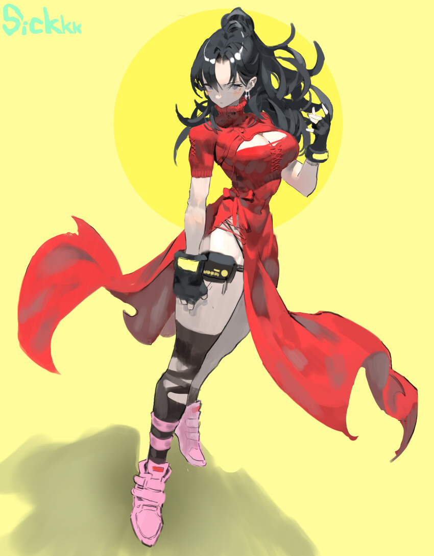 1girl absurdres arowana2111 black_hair black_thighhighs dress earrings fingerless_gloves gloves grey_eyes highres jewelry long_hair long_legs looking_at_viewer monk original pink_shoes ponytail pouch red_dress ribbon shoes short_sleeves signature sneakers solo thigh_pouch thighhighs underwear yellow_background
